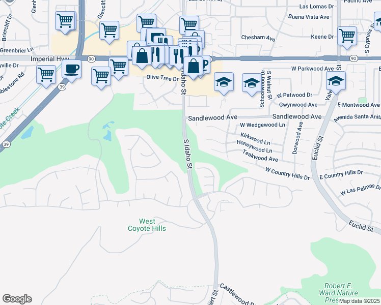 map of restaurants, bars, coffee shops, grocery stores, and more near 1600 South Idaho Street in La Habra