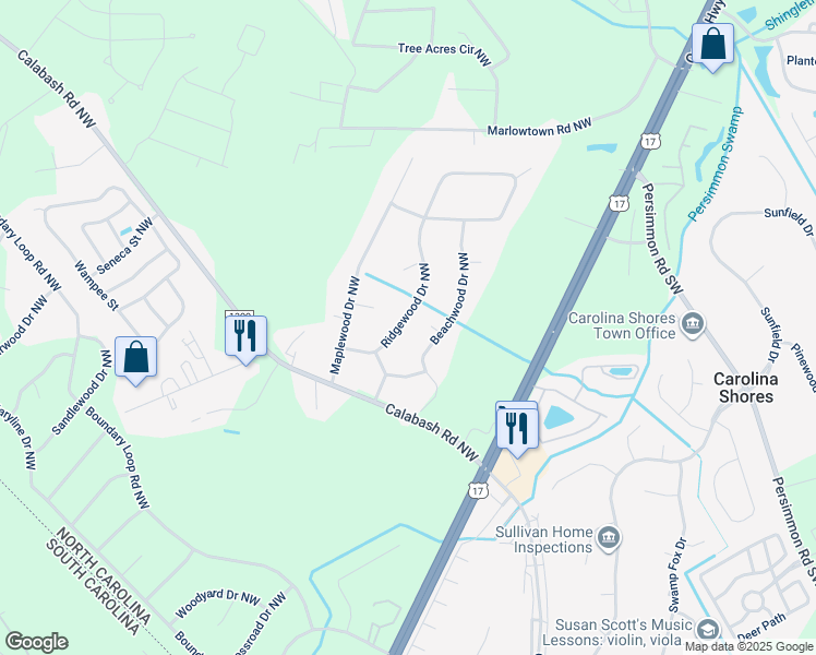 map of restaurants, bars, coffee shops, grocery stores, and more near 311-315 Ridgewood Drive Northwest in Calabash