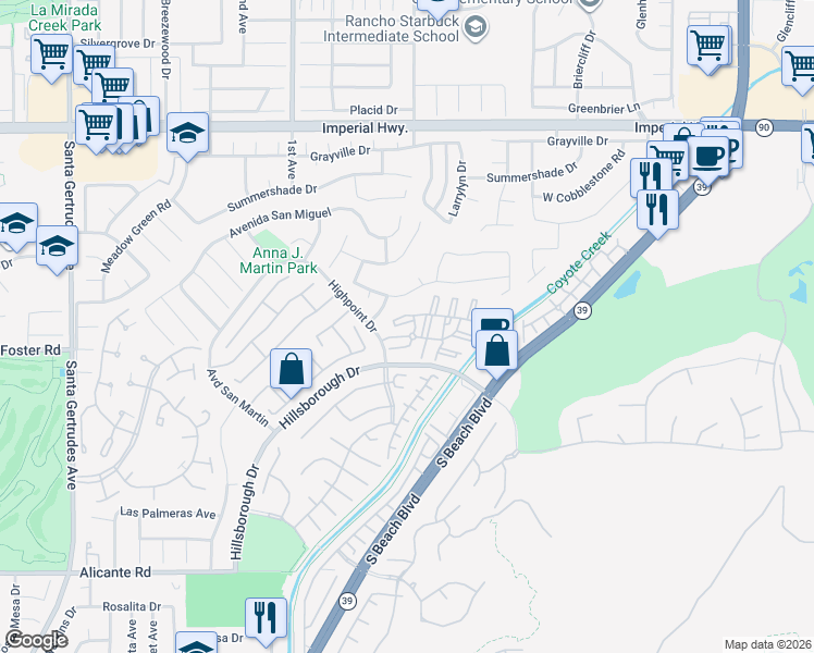 map of restaurants, bars, coffee shops, grocery stores, and more near 13421 Fontwell Court in La Mirada