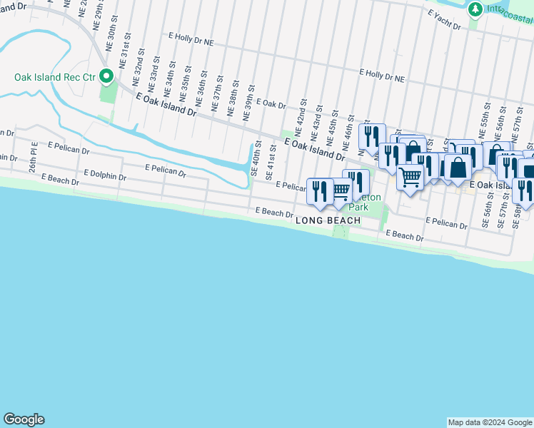 map of restaurants, bars, coffee shops, grocery stores, and more near 4013 East Beach Drive in Oak Island