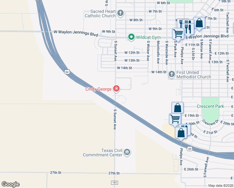 map of restaurants, bars, coffee shops, grocery stores, and more near 1600 South Sunset Avenue in Littlefield