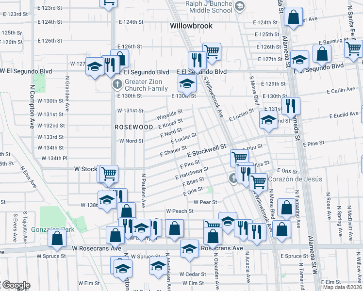 map of restaurants, bars, coffee shops, grocery stores, and more near 2118 East Shauer Street in Compton