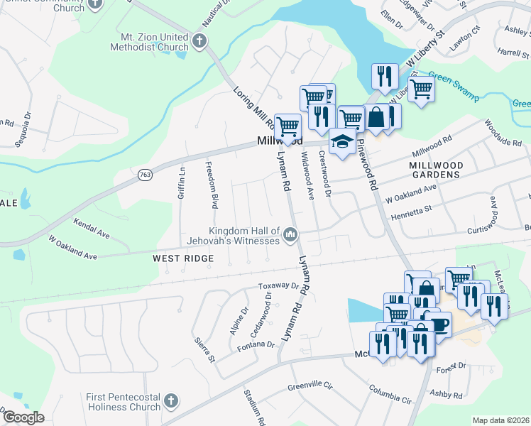 map of restaurants, bars, coffee shops, grocery stores, and more near 420 Conifer Street in Sumter