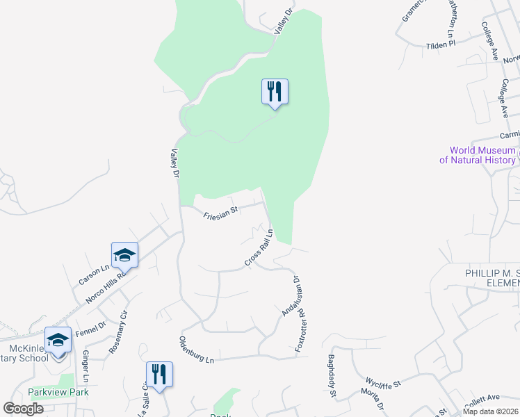 map of restaurants, bars, coffee shops, grocery stores, and more near 160 Friesian Street in Norco