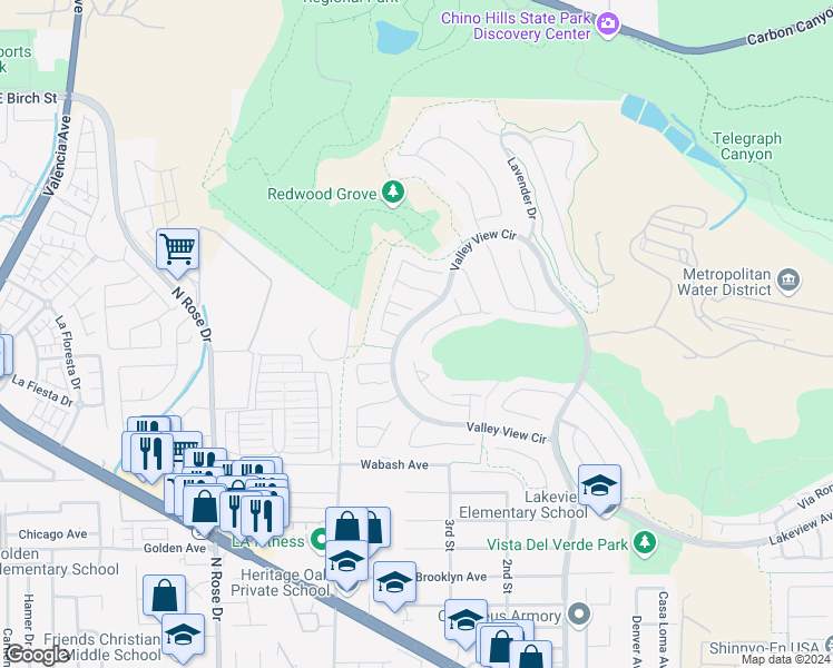 map of restaurants, bars, coffee shops, grocery stores, and more near 17159 Coriander Court in Yorba Linda