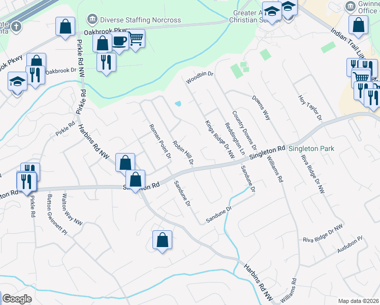 map of restaurants, bars, coffee shops, grocery stores, and more near 1373 Robin Hill Drive in Norcross