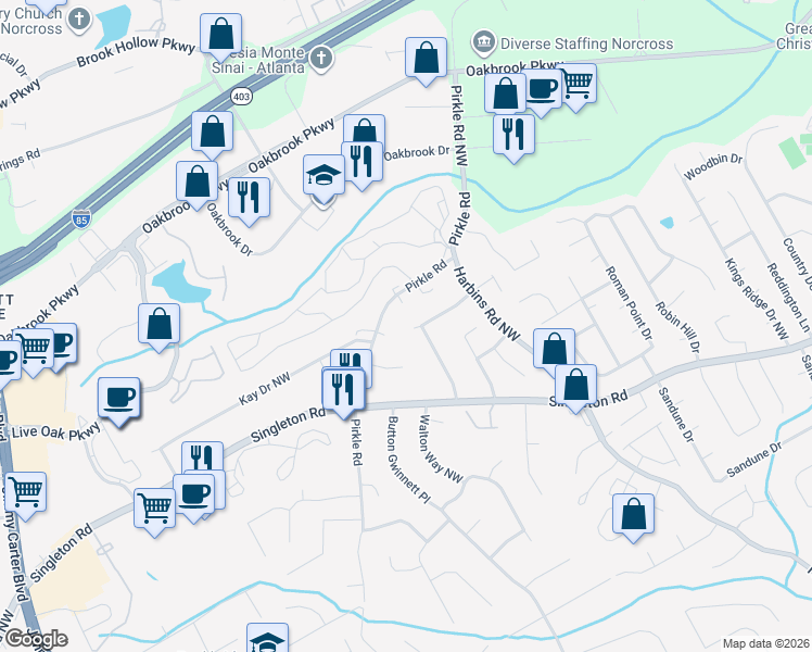 map of restaurants, bars, coffee shops, grocery stores, and more near 5733 Stonewood Court in Norcross