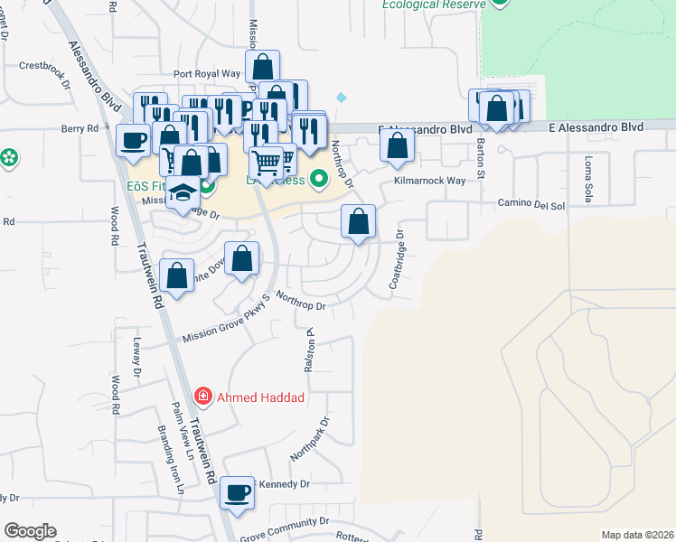 map of restaurants, bars, coffee shops, grocery stores, and more near 5215 Melbourne Place in Riverside