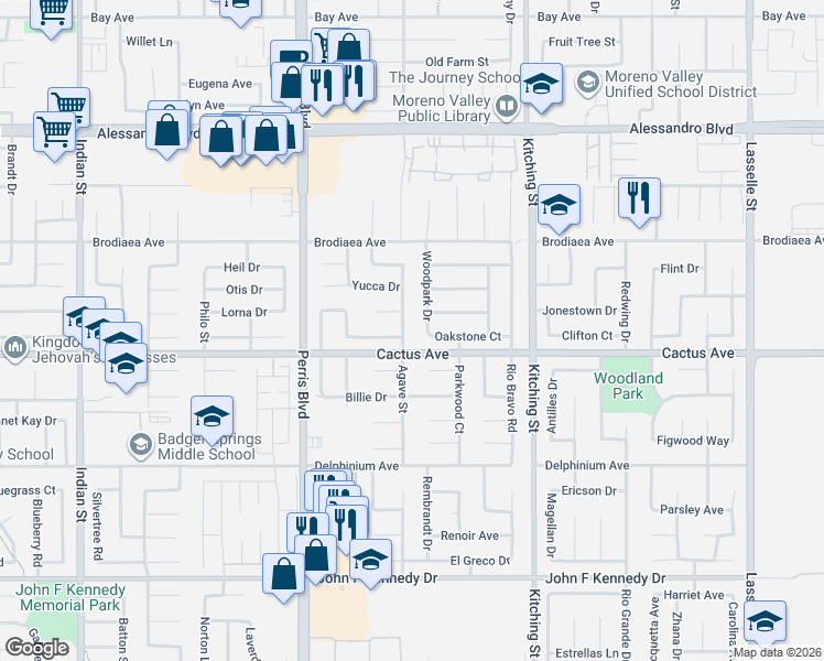 map of restaurants, bars, coffee shops, grocery stores, and more near 14490 Agave Street in Moreno Valley