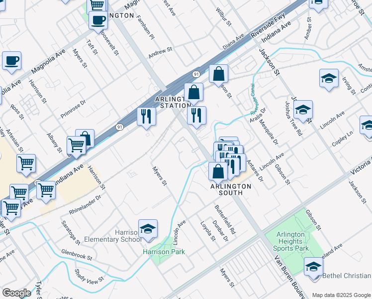 map of restaurants, bars, coffee shops, grocery stores, and more near 3100 Van Buren Boulevard in Riverside