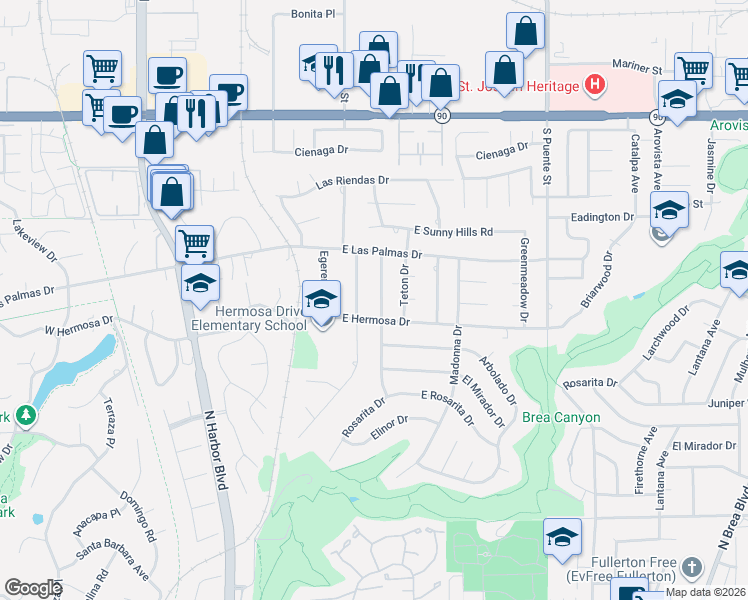 map of restaurants, bars, coffee shops, grocery stores, and more near 3306 Twilight Drive in Fullerton
