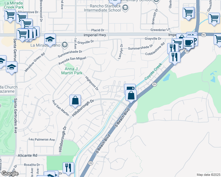map of restaurants, bars, coffee shops, grocery stores, and more near 13421 Fontwell Court in La Mirada