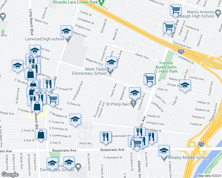 map of restaurants, bars, coffee shops, grocery stores, and more near 12507 Harris Avenue in Lynwood