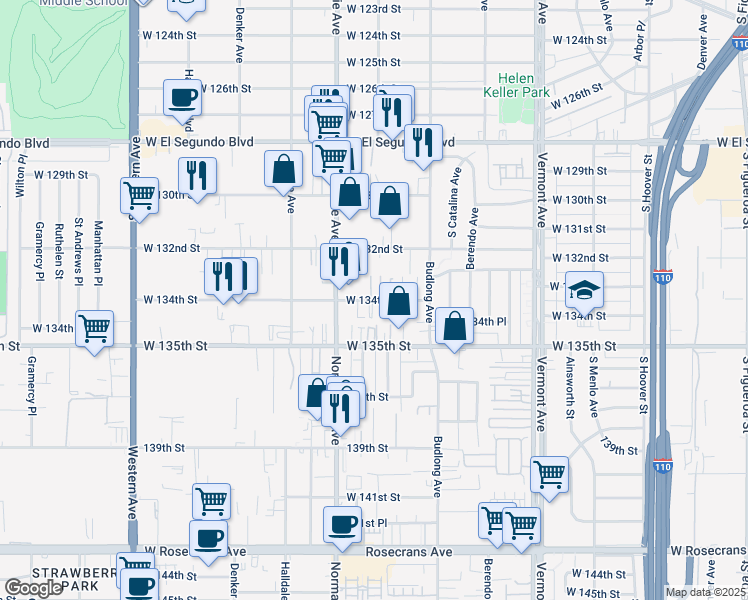 map of restaurants, bars, coffee shops, grocery stores, and more near 1302 West 134th Street in Gardena