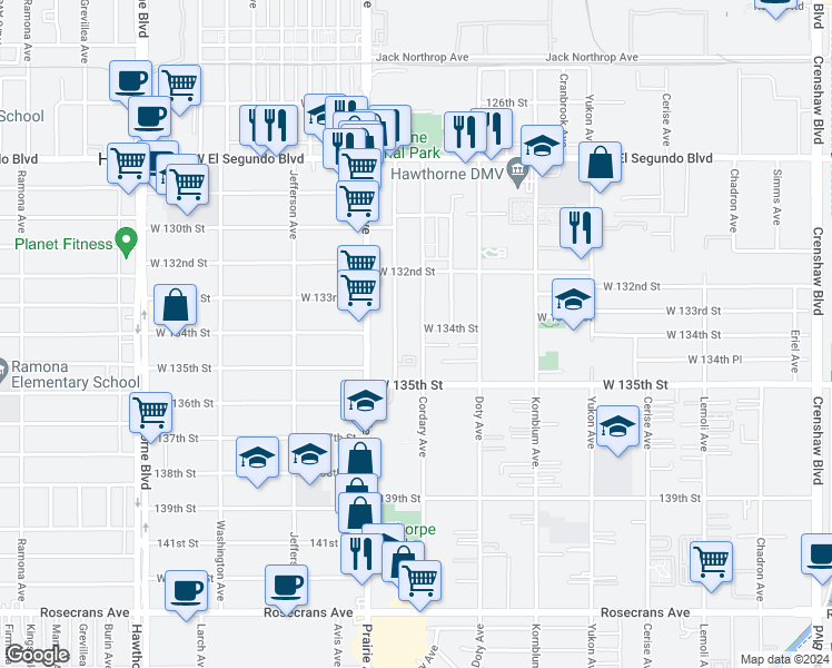 map of restaurants, bars, coffee shops, grocery stores, and more near 13418 Roselle Avenue in Hawthorne