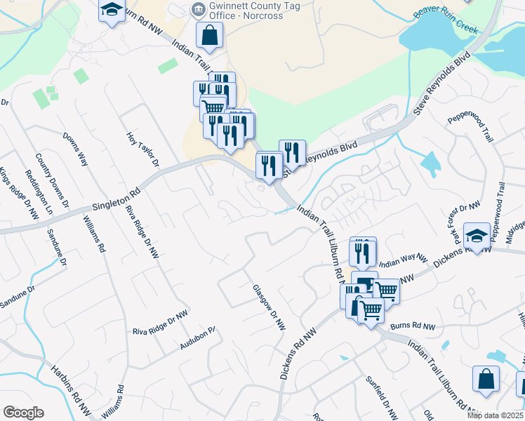 map of restaurants, bars, coffee shops, grocery stores, and more near 5013 Cold Springs Drive Northwest in Lilburn