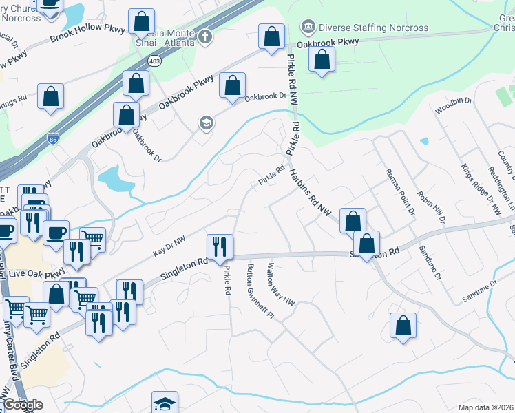 map of restaurants, bars, coffee shops, grocery stores, and more near 5733 Stonewood Court in Norcross