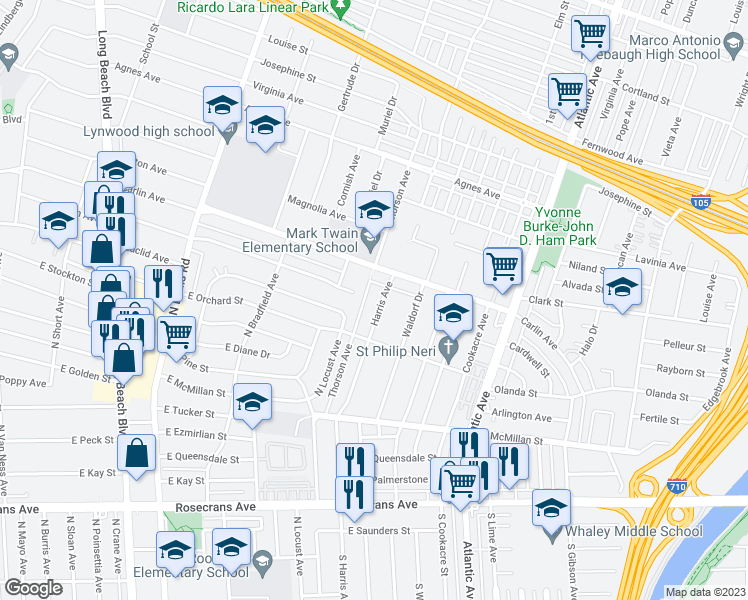 map of restaurants, bars, coffee shops, grocery stores, and more near 12437 Harris Avenue in Lynwood