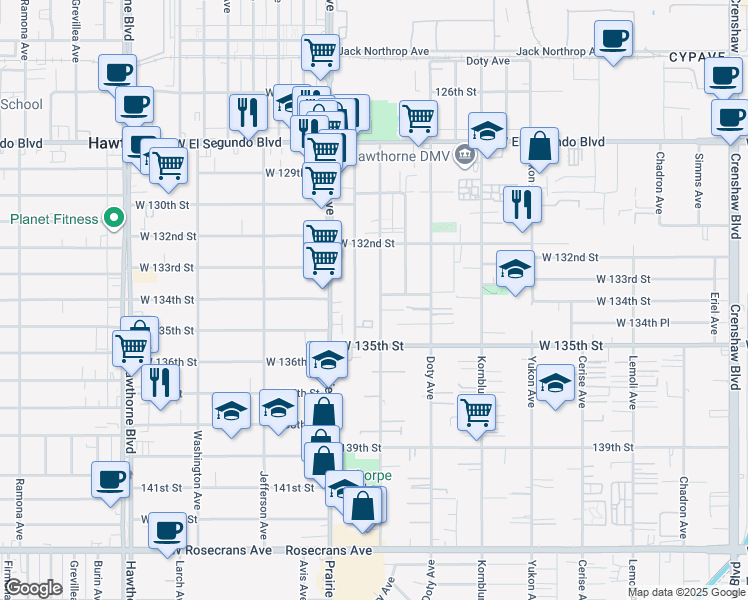 map of restaurants, bars, coffee shops, grocery stores, and more near 13407 Cordary Avenue in Hawthorne