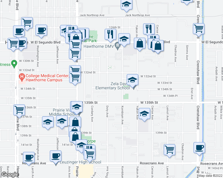 map of restaurants, bars, coffee shops, grocery stores, and more near 13414 Doty Avenue in Hawthorne