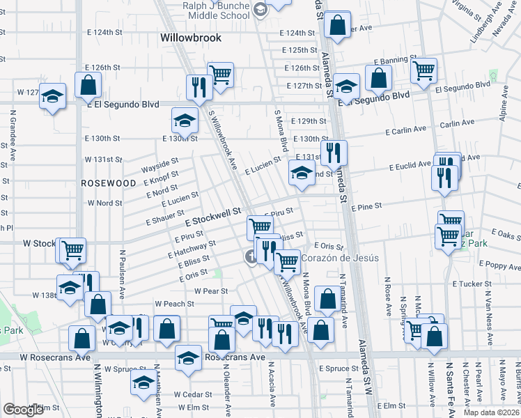 map of restaurants, bars, coffee shops, grocery stores, and more near 2310 East Stockwell Street in Compton