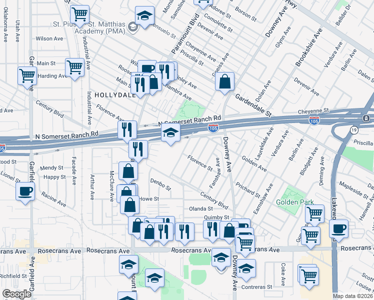 map of restaurants, bars, coffee shops, grocery stores, and more near 13450 Merkel Avenue in Paramount
