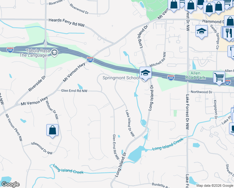 map of restaurants, bars, coffee shops, grocery stores, and more near 5680 Lake Island Dr NW in Atlanta
