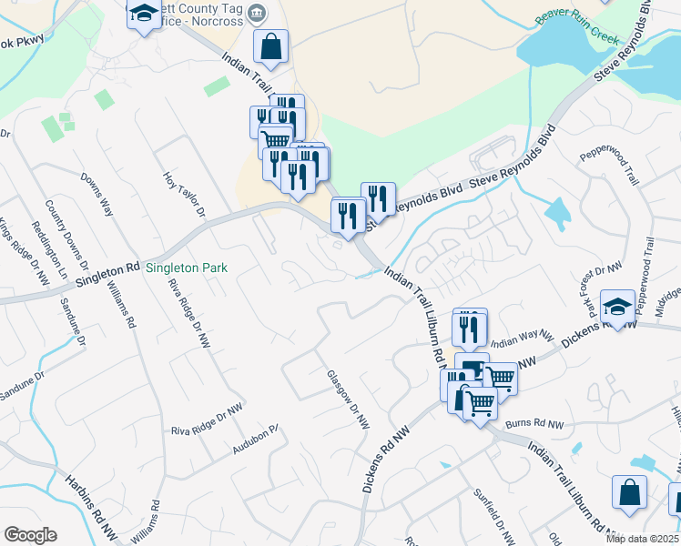 map of restaurants, bars, coffee shops, grocery stores, and more near 1121 Indian Trail Lilburn Road Northwest in Norcross