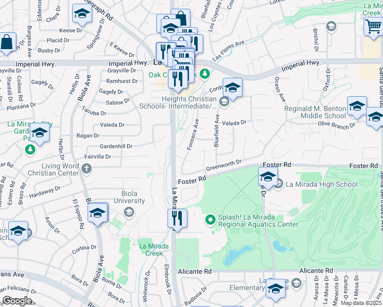 map of restaurants, bars, coffee shops, grocery stores, and more near 13234 Fonseca Avenue in La Mirada