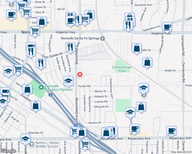 map of restaurants, bars, coffee shops, grocery stores, and more near 13201 Wilder Avenue in Norwalk