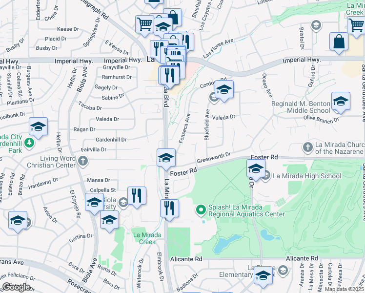 map of restaurants, bars, coffee shops, grocery stores, and more near 13234 Fonseca Avenue in La Mirada