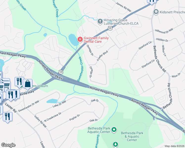 map of restaurants, bars, coffee shops, grocery stores, and more near 98 Omega Drive in Lawrenceville