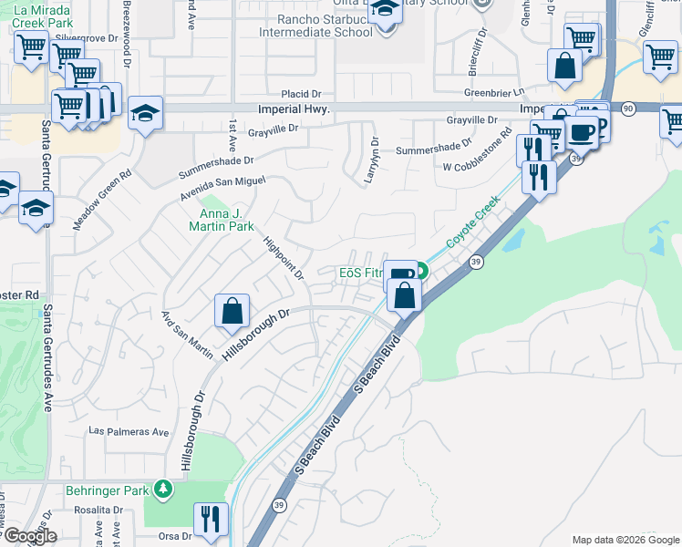 map of restaurants, bars, coffee shops, grocery stores, and more near 13321 Kilkenny Court in La Mirada
