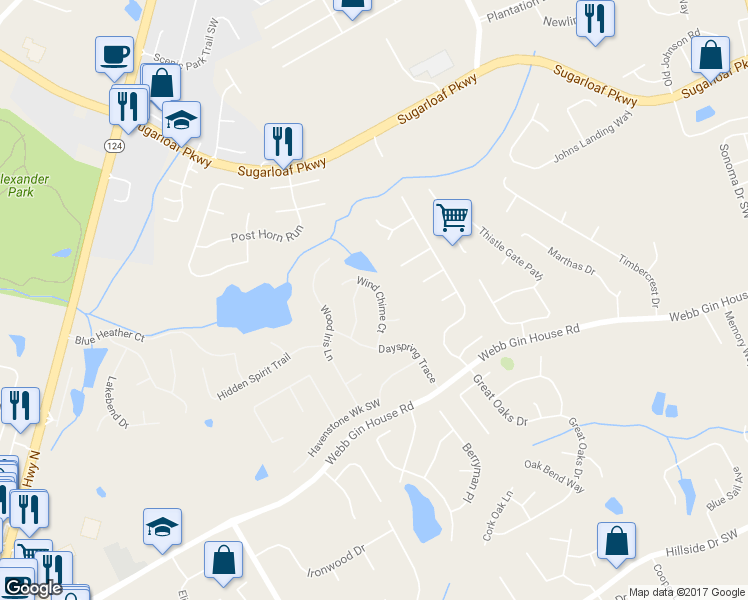 map of restaurants, bars, coffee shops, grocery stores, and more near 1417 Wind Chime Court in Lawrenceville