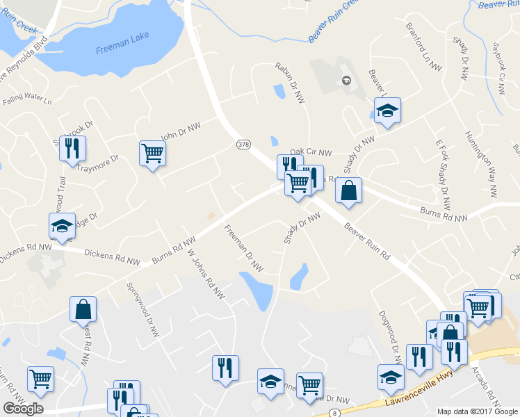 map of restaurants, bars, coffee shops, grocery stores, and more near 4392 Burns Road Northwest in Lilburn