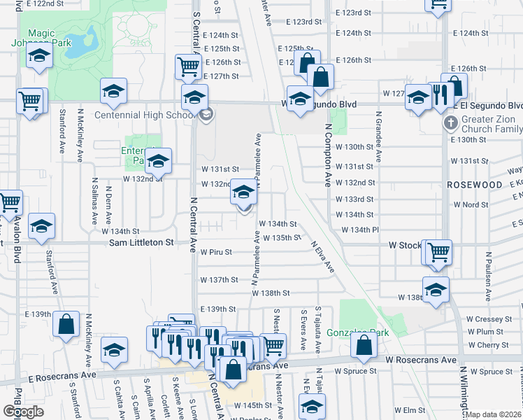 map of restaurants, bars, coffee shops, grocery stores, and more near 2018 North Parmelee Avenue in Compton