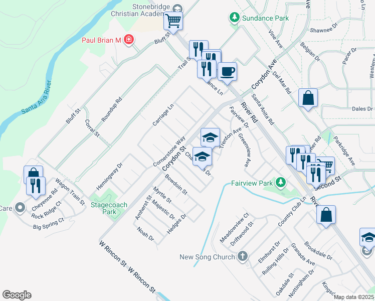 map of restaurants, bars, coffee shops, grocery stores, and more near 1893 Champlain Drive in Corona