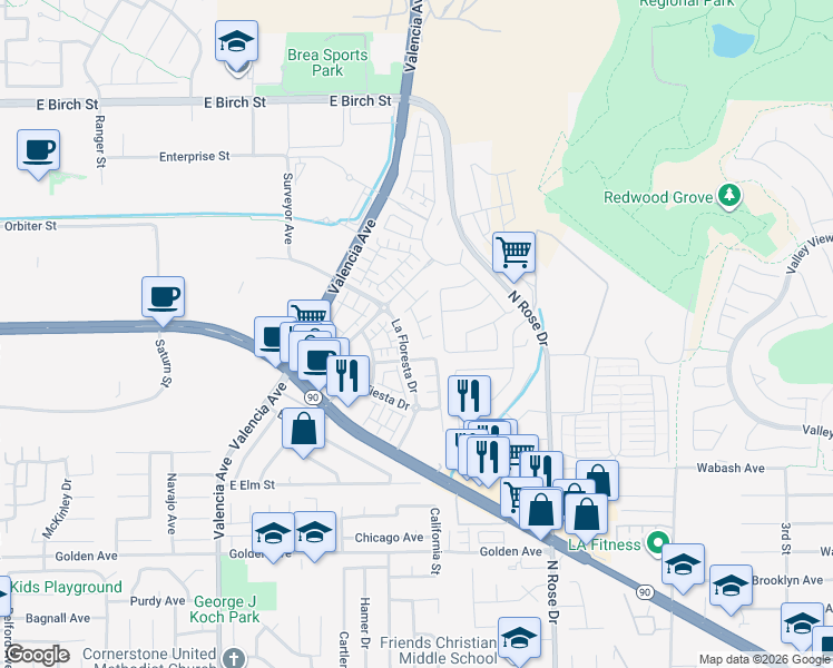 map of restaurants, bars, coffee shops, grocery stores, and more near 335 La Ventana Drive in Brea