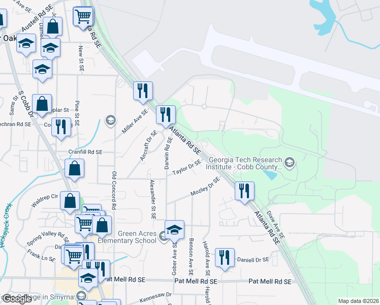 map of restaurants, bars, coffee shops, grocery stores, and more near 753 Taylor Drive Southeast in Smyrna