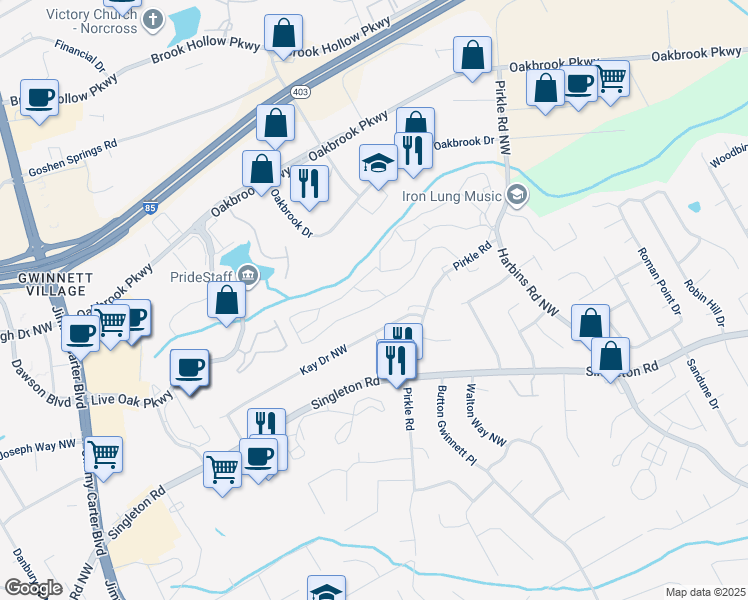 map of restaurants, bars, coffee shops, grocery stores, and more near 616 Hampton Ridge Road in Norcross