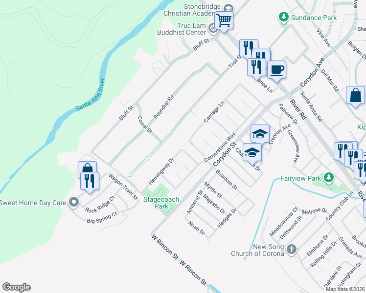 map of restaurants, bars, coffee shops, grocery stores, and more near 2163 Whitman Way in Corona