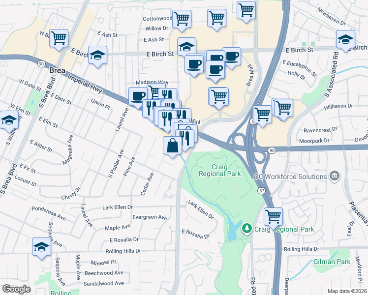 map of restaurants, bars, coffee shops, grocery stores, and more near 391 South State College Boulevard in Brea