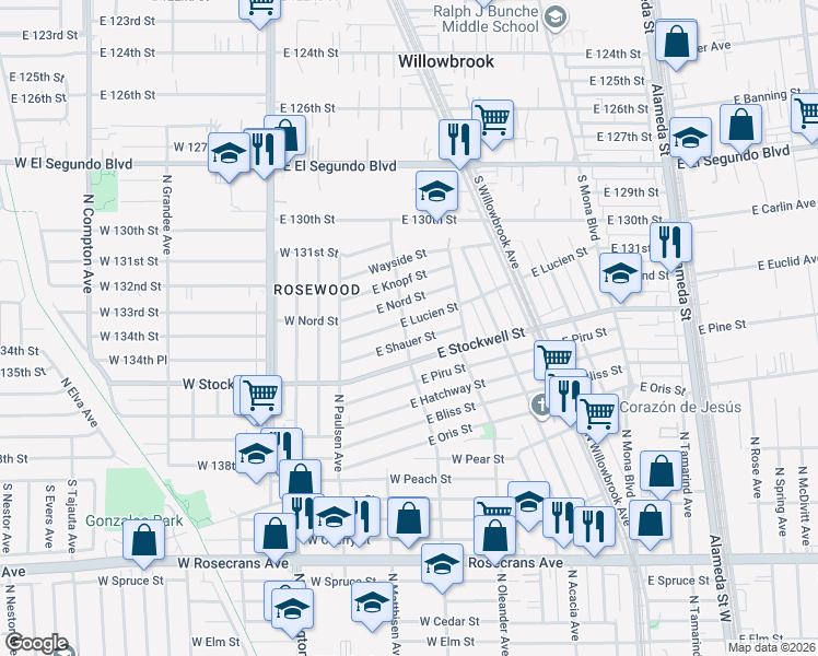 map of restaurants, bars, coffee shops, grocery stores, and more near 2102 East Lucien Street in Compton