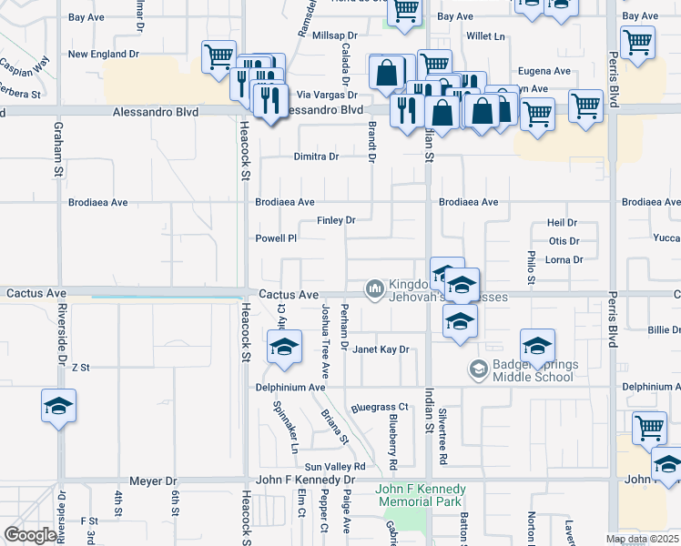 map of restaurants, bars, coffee shops, grocery stores, and more near 24291 Bostwick Drive in Moreno Valley