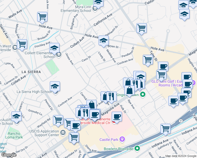 map of restaurants, bars, coffee shops, grocery stores, and more near 10731 Starlight Court in Riverside
