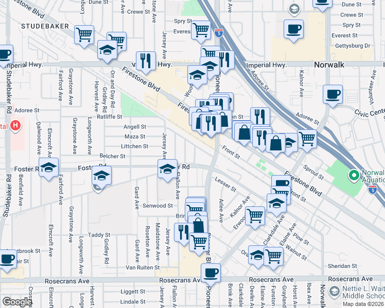 map of restaurants, bars, coffee shops, grocery stores, and more near 13318 Alburtis Avenue in Norwalk