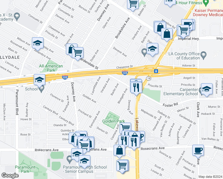 map of restaurants, bars, coffee shops, grocery stores, and more near 13146 Barlin Avenue in Downey