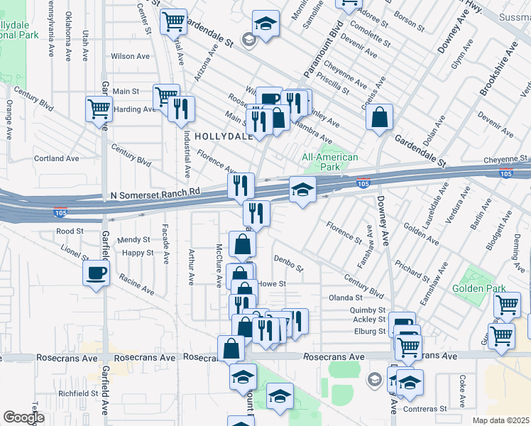 map of restaurants, bars, coffee shops, grocery stores, and more near 13733 Ruther Avenue in South Gate