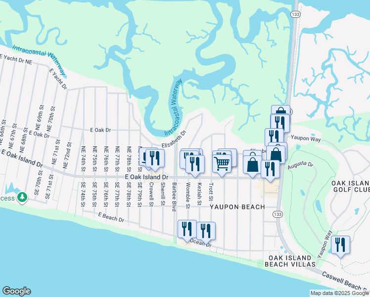 map of restaurants, bars, coffee shops, grocery stores, and more near 414 Barbee Boulevard in Oak Island