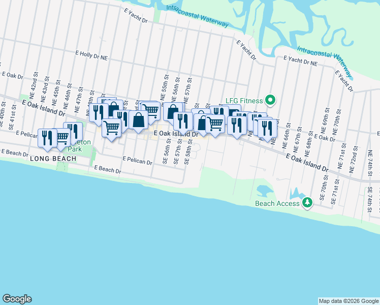 map of restaurants, bars, coffee shops, grocery stores, and more near 105 Southeast 58th Street in Oak Island